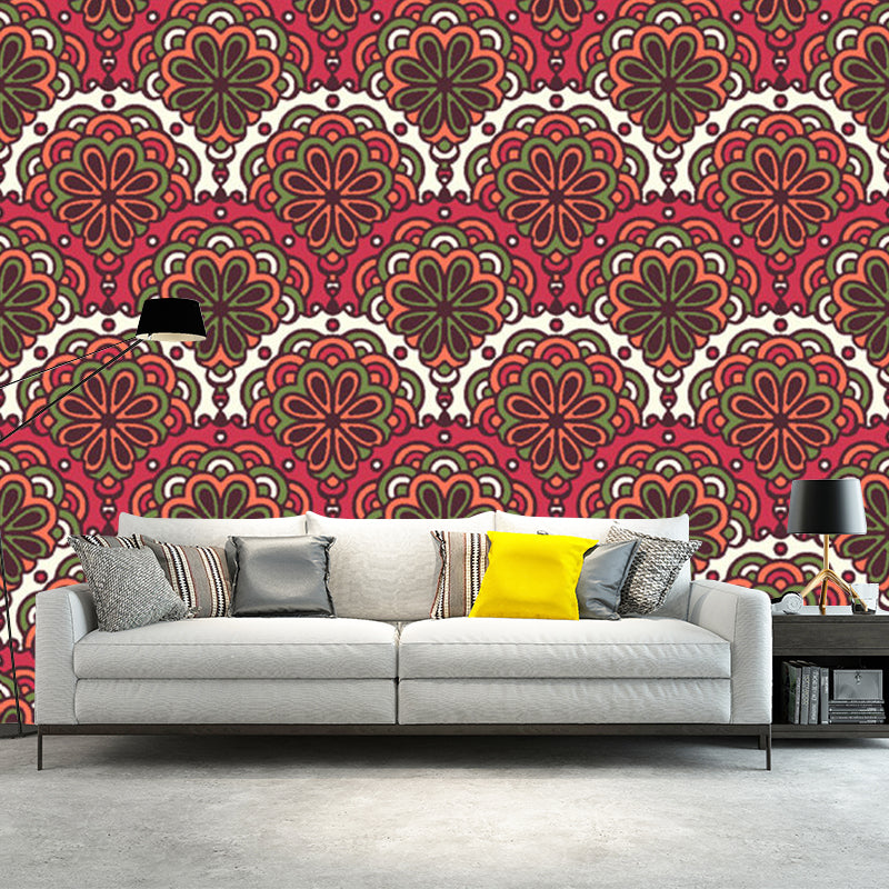 Red Flower Printed Wall Murals Stain Resistant Bohemia Bedroom Wall Covering, Non-Woven Red A Clearhalo 'Wall Decor' 'Wall Mural' 1218342