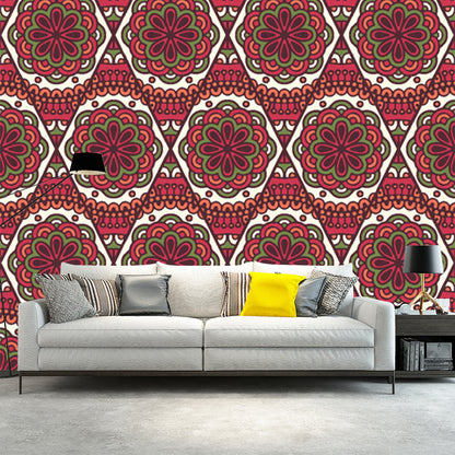 Red Flower Printed Wall Murals Stain Resistant Bohemia Bedroom Wall Covering, Non-Woven Red B Clearhalo 'Wall Decor' 'Wall Mural' 1218347
