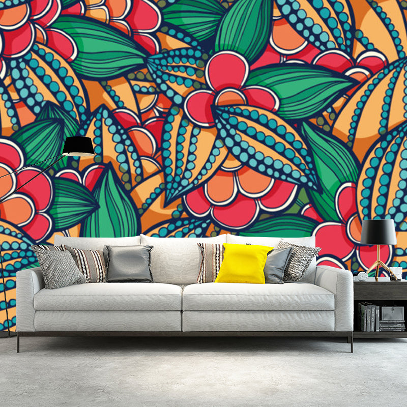 Flower Plant Mural Decal Boho-Chic Smooth Wall Covering in Multi-Color, Custom Made Red-Yellow-Blue-Green Clearhalo 'Wall Decor' 'Wall Mural' 1218397