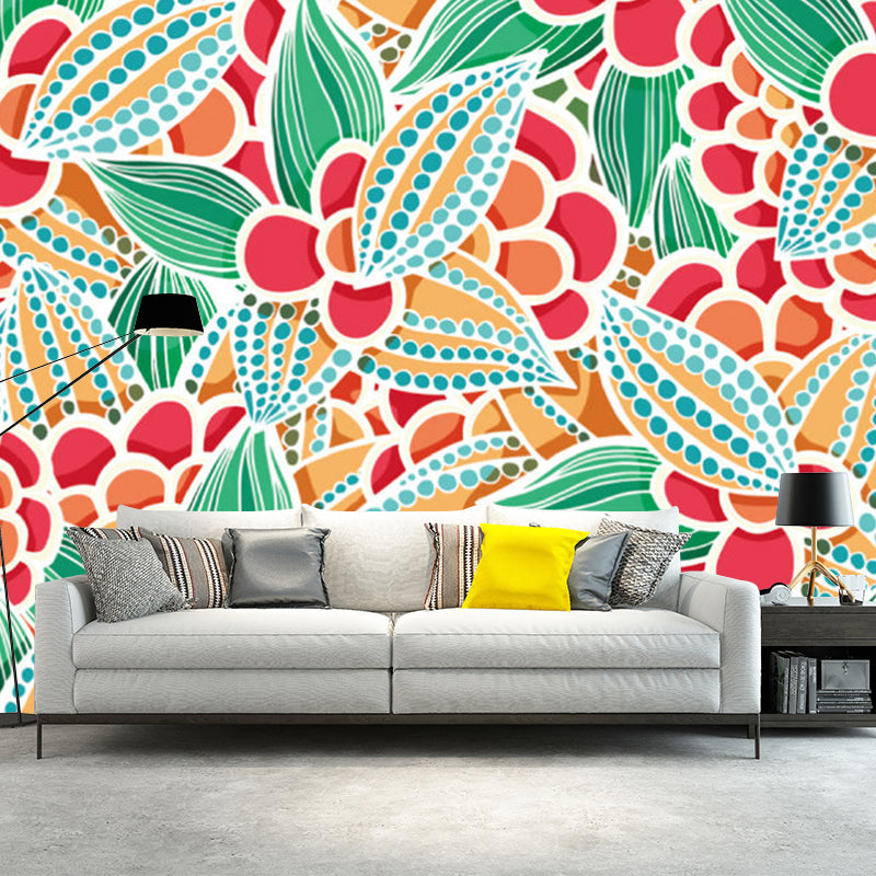 Flower Plant Mural Decal Boho-Chic Smooth Wall Covering in Multi-Color, Custom Made Red-Yellow-Green Clearhalo 'Wall Decor' 'Wall Mural' 1218402