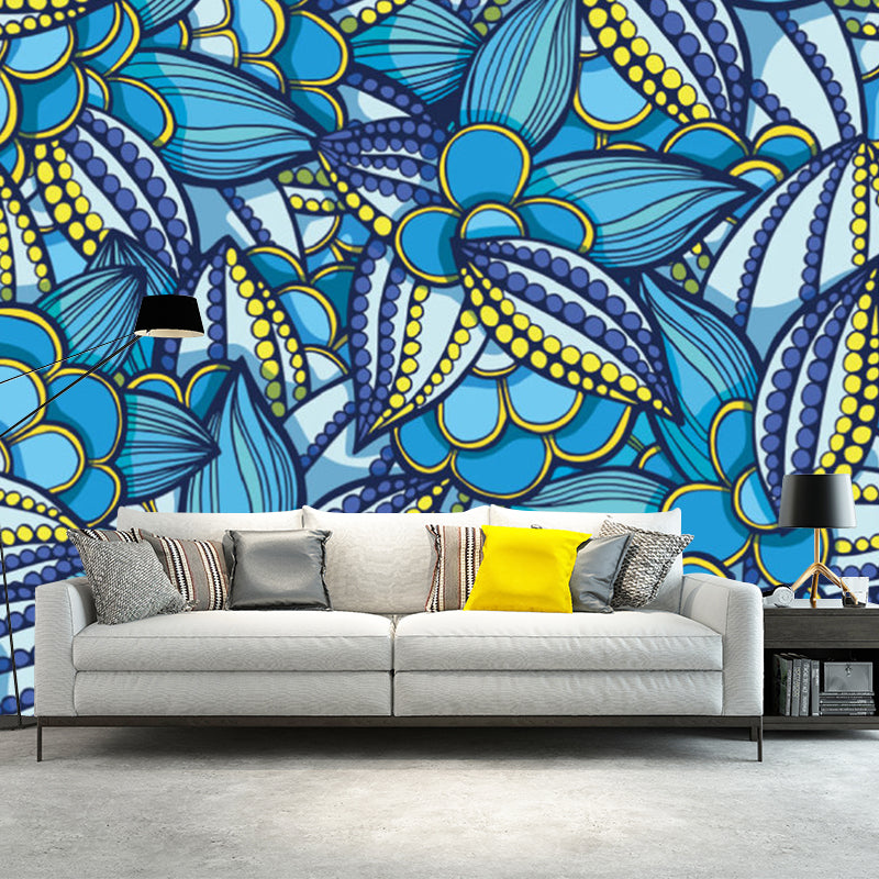 Flower Plant Mural Decal Boho-Chic Smooth Wall Covering in Multi-Color, Custom Made Blue-Purple-Yellow Clearhalo 'Wall Decor' 'Wall Mural' 1218412