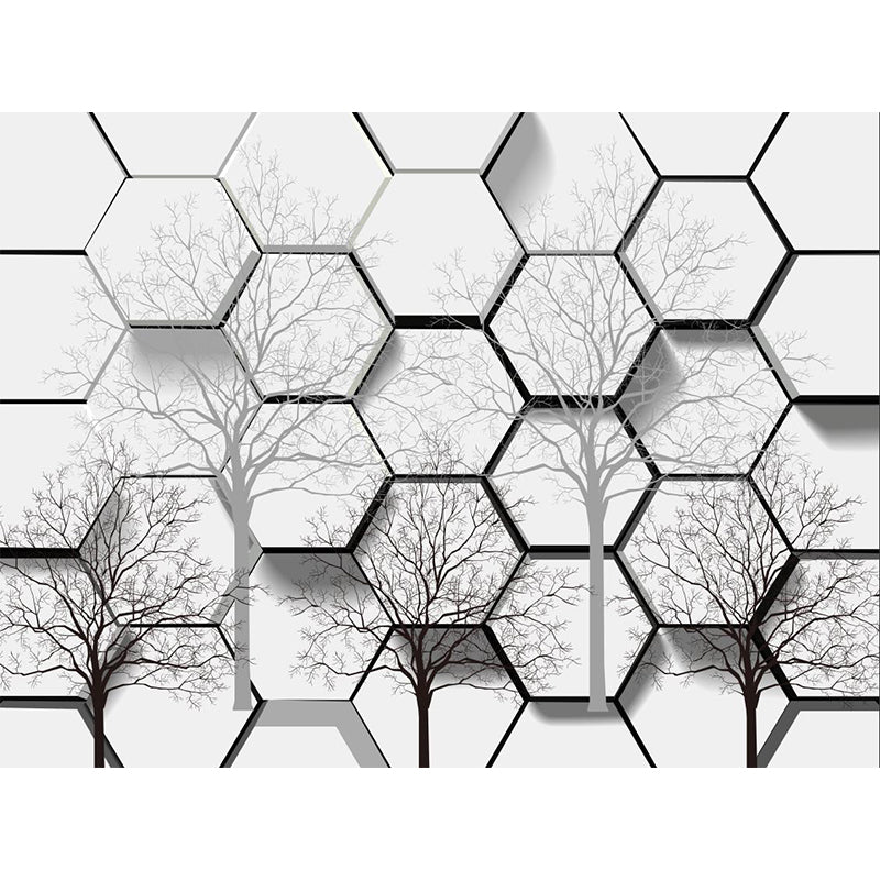 Creative Honeycomb Bare Tree Mural Black-White Moisture Resistant Wall Art for Home Clearhalo 'Wall Decor' 'Wall Mural' 1218534