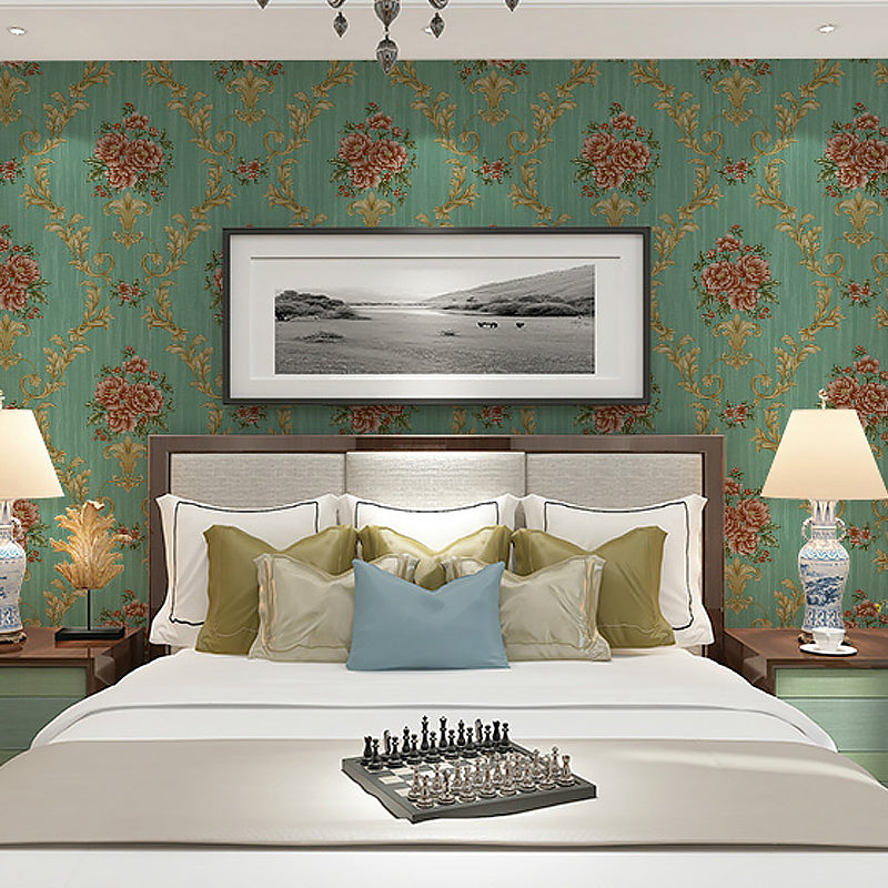 Flower Peonies Wallpaper Roll Countryside Vinyl Wall Art in Soft Color for Bedroom Green Clearhalo 'Country wall decor' 'Rustic' 'Wallpaper' Wall Decor' 1218600