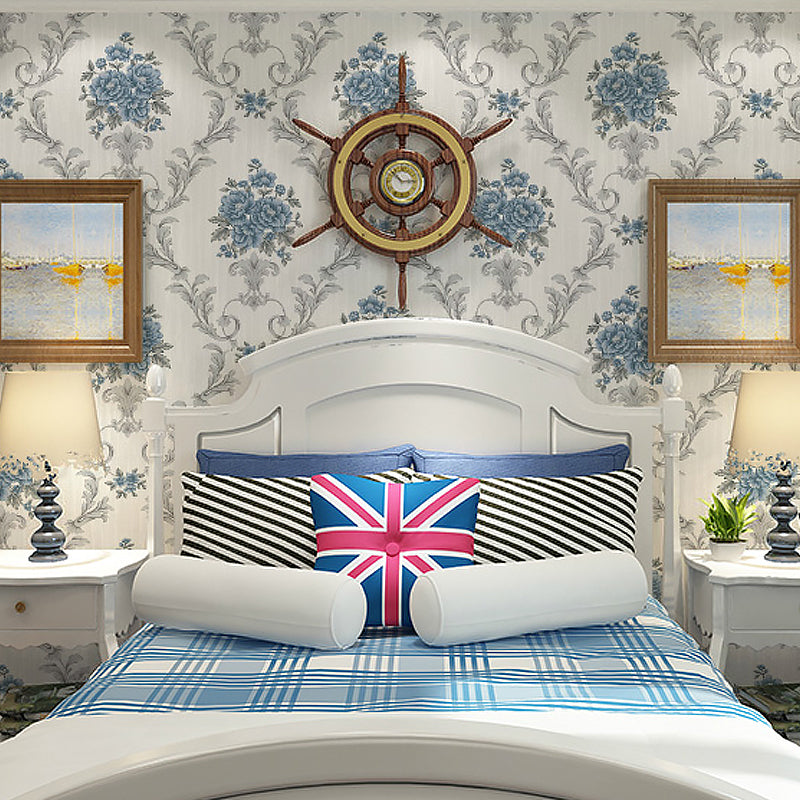 Flower Peonies Wallpaper Roll Countryside Vinyl Wall Art in Soft Color for Bedroom Blue Clearhalo 'Country wall decor' 'Rustic' 'Wallpaper' Wall Decor' 1218603