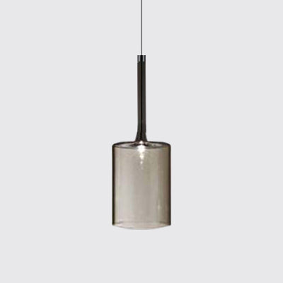 Nickle Cylindrical/Drum/Long Column Suspension Pendant Modernist 1 Light Grey/Red/Orange Glass Led Hanging Light Fixture Grey Cylinder Clearhalo 'Ceiling Lights' 'Glass shade' 'Glass' 'Modern Pendants' 'Modern' 'Pendant Lights' 'Pendants' Lighting' 121881