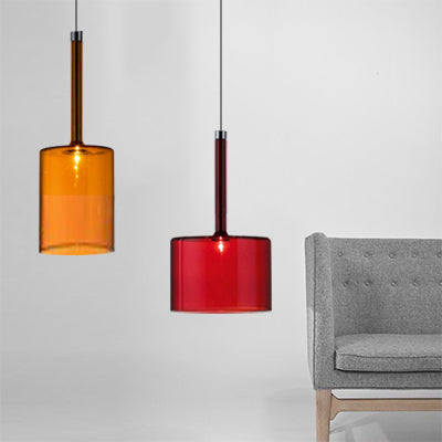 Nickle Cylindrical/Drum/Long Column Suspension Pendant Modernist 1 Light Grey/Red/Orange Glass Led Hanging Light Fixture Clearhalo 'Ceiling Lights' 'Glass shade' 'Glass' 'Modern Pendants' 'Modern' 'Pendant Lights' 'Pendants' Lighting' 121883