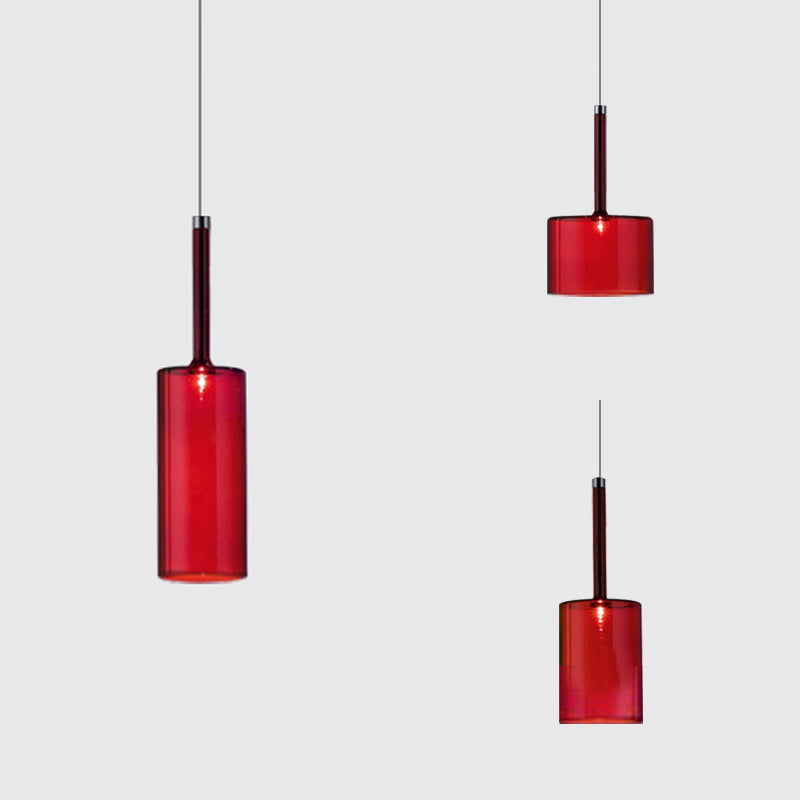 Nickle Cylindrical/Drum/Long Column Suspension Pendant Modernist 1 Light Grey/Red/Orange Glass Led Hanging Light Fixture Clearhalo 'Ceiling Lights' 'Glass shade' 'Glass' 'Modern Pendants' 'Modern' 'Pendant Lights' 'Pendants' Lighting' 121884