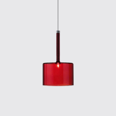 Nickle Cylindrical/Drum/Long Column Suspension Pendant Modernist 1 Light Grey/Red/Orange Glass Led Hanging Light Fixture Red Drum Clearhalo 'Ceiling Lights' 'Glass shade' 'Glass' 'Modern Pendants' 'Modern' 'Pendant Lights' 'Pendants' Lighting' 121885
