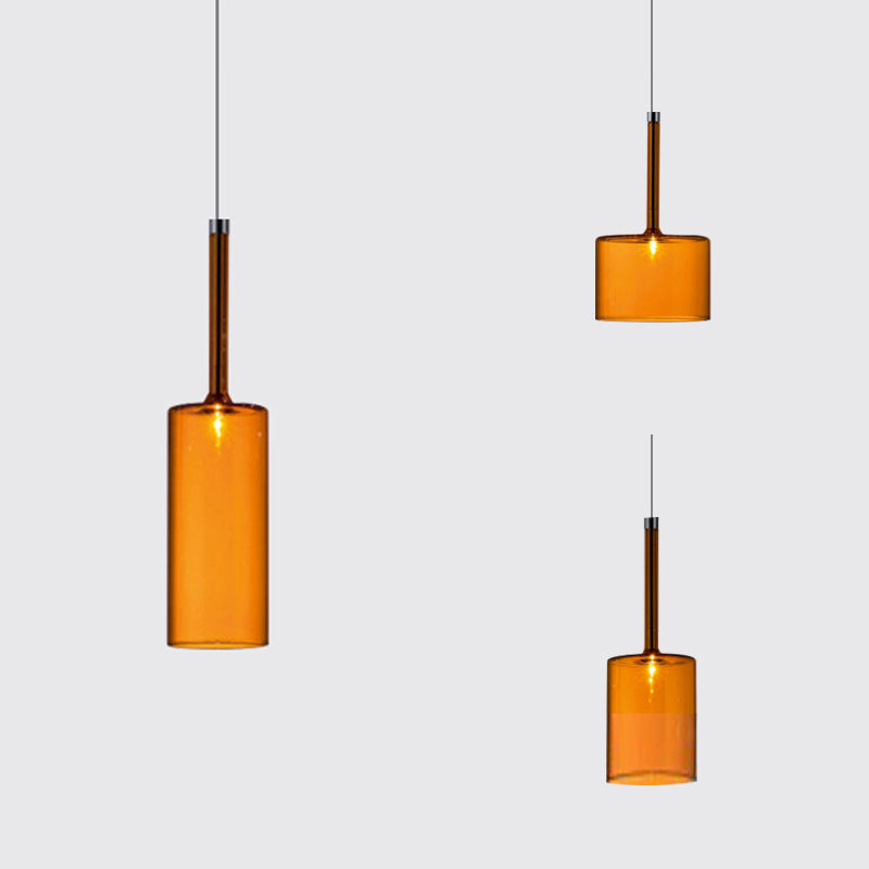 Nickle Cylindrical/Drum/Long Column Suspension Pendant Modernist 1 Light Grey/Red/Orange Glass Led Hanging Light Fixture Clearhalo 'Ceiling Lights' 'Glass shade' 'Glass' 'Modern Pendants' 'Modern' 'Pendant Lights' 'Pendants' Lighting' 121888