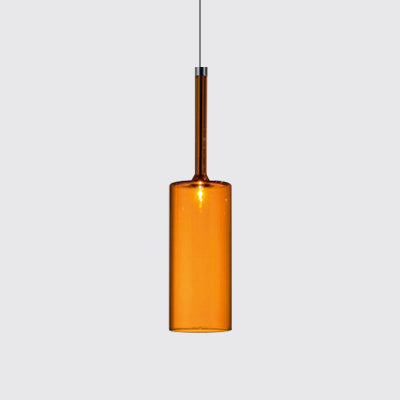 Nickle Cylindrical/Drum/Long Column Suspension Pendant Modernist 1 Light Grey/Red/Orange Glass Led Hanging Light Fixture Orange Long Column Clearhalo 'Ceiling Lights' 'Glass shade' 'Glass' 'Modern Pendants' 'Modern' 'Pendant Lights' 'Pendants' Lighting' 121891