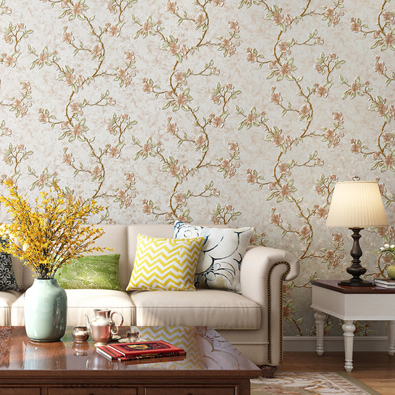 Rustic Plum Flower Wallpaper for Bedroom 31' L x 20.5" W Wall Covering in Soft Color Light Yellow A Clearhalo 'Country wall decor' 'Rustic' 'Wallpaper' Wall Decor' 1218958