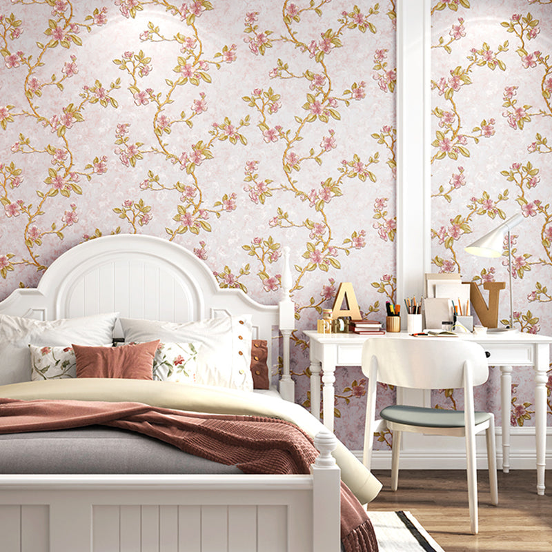Rustic Plum Flower Wallpaper for Bedroom 31' L x 20.5" W Wall Covering in Soft Color Pink A Clearhalo 'Country wall decor' 'Rustic' 'Wallpaper' Wall Decor' 1218964