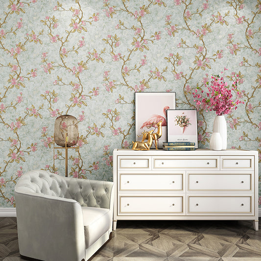 Rustic Plum Flower Wallpaper for Bedroom 31' L x 20.5" W Wall Covering in Soft Color Light Green A Clearhalo 'Country wall decor' 'Rustic' 'Wallpaper' Wall Decor' 1218967