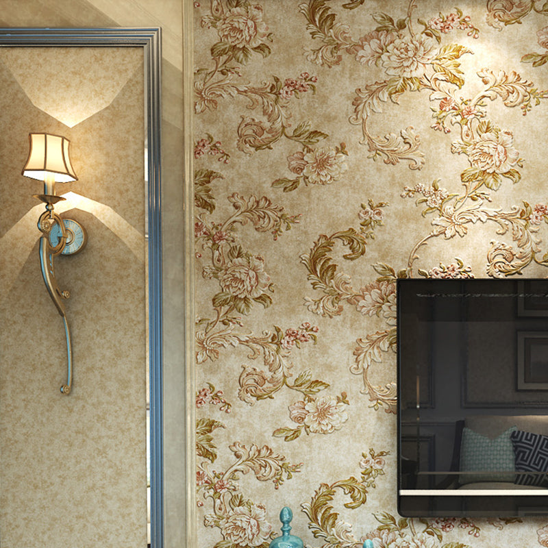 Blossoming Peony Wallpaper Soft-Color Farmhouse Wall Covering for Living Room, Non-Pasted Brown Clearhalo 'Country wall decor' 'Rustic' 'Wallpaper' Wall Decor' 1219028