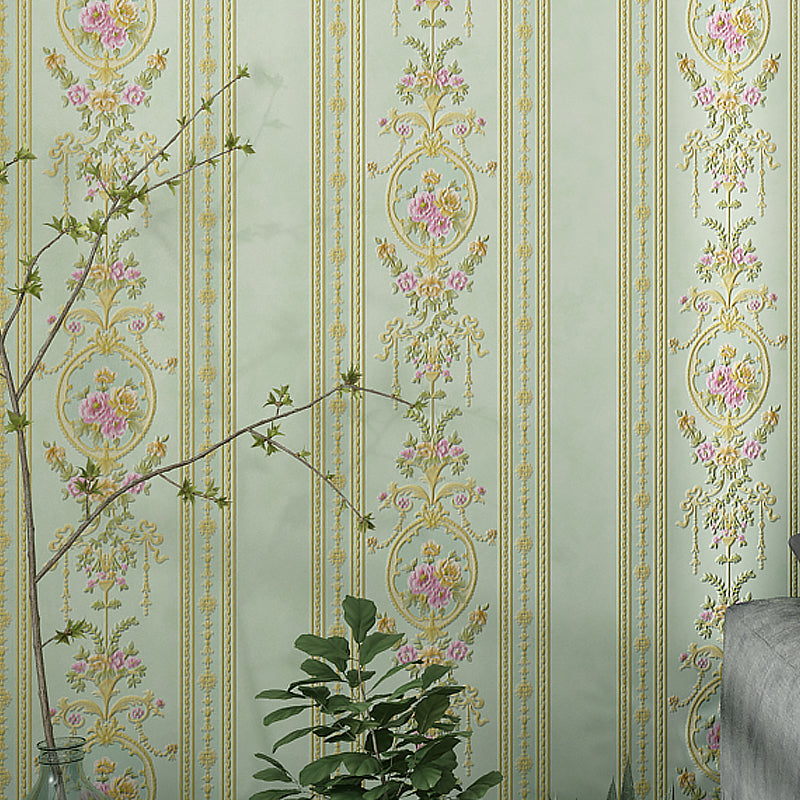 Cottage Striped Wallpaper Roll Soft-Color Flower Wall Decor for Living Room, 54.2-sq ft Lake Green Clearhalo 'Country wall decor' 'Rustic' 'Wallpaper' Wall Decor' 1219092