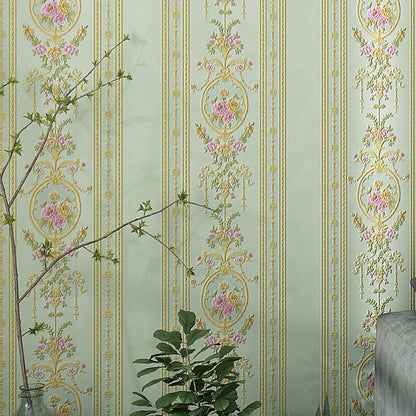 Cottage Striped Wallpaper Roll Soft-Color Flower Wall Decor for Living Room, 54.2-sq ft Lake Green Clearhalo 'Country wall decor' 'Rustic' 'Wallpaper' Wall Decor' 1219092