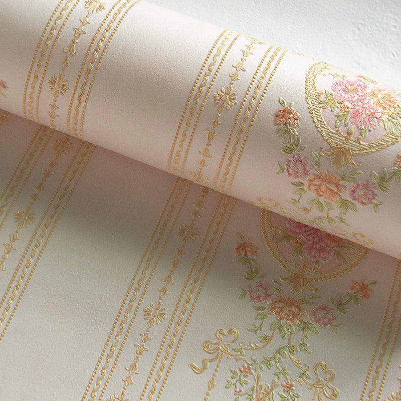 Cottage Striped Wallpaper Roll Soft-Color Flower Wall Decor for Living Room, 54.2-sq ft Light Pink Clearhalo 'Country wall decor' 'Rustic' 'Wallpaper' Wall Decor' 1219099