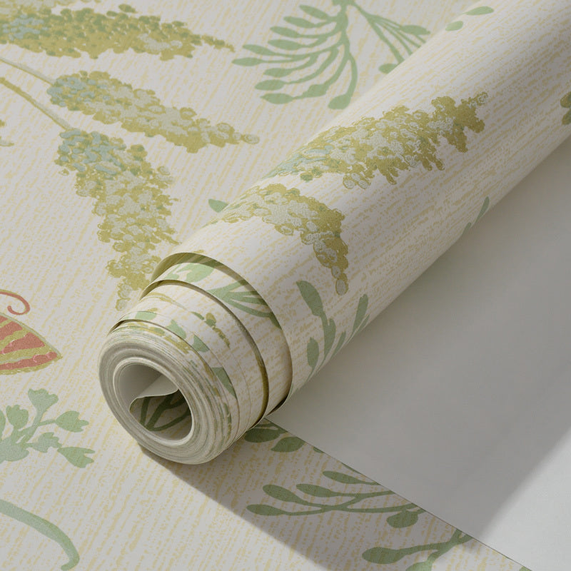 Paper Temporary Wallpaper Countryside Butterfly and Plants Wall Covering in Green, Peel and Stick Clearhalo 'Country wall decor' 'Rustic' 'Wallpaper' Wall Decor' 1219139