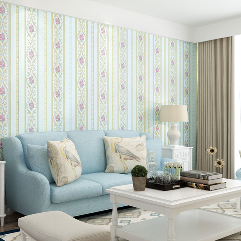 Adhesive Rural Floral Striped Wallpaper Pastel-Color Removable Wall Art for Bedroom Light Blue Clearhalo 'Country wall decor' 'Rustic' 'Wallpaper' Wall Decor' 1219145