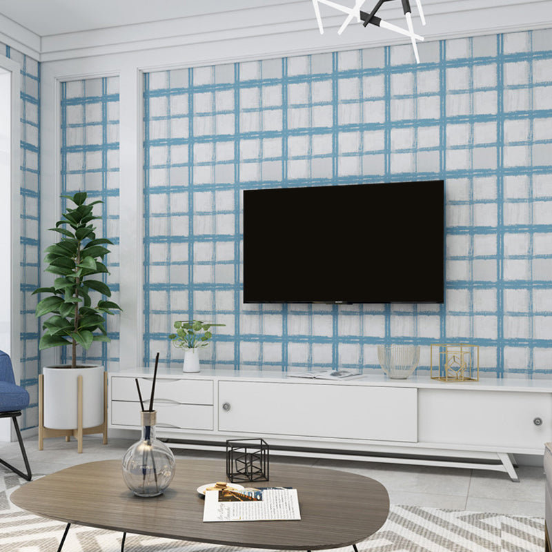 Adhesive Grid Wallpaper Roll Vinyl Modern Style Wall Art for Living Room, Easy Peel off Blue Clearhalo 'Modern wall decor' 'Modern' 'Wallpaper' Wall Decor' 1219222