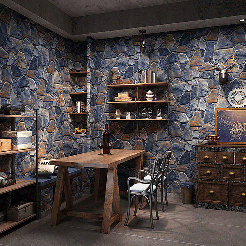 PVC Dark Color Wallpaper Steampunk Faux Stone Wall Art for Dining Room, 33' L x 20.5" W Navy Clearhalo 'Industrial wall decor' 'Industrial' 'Wallpaper' Wall Decor' 1219460