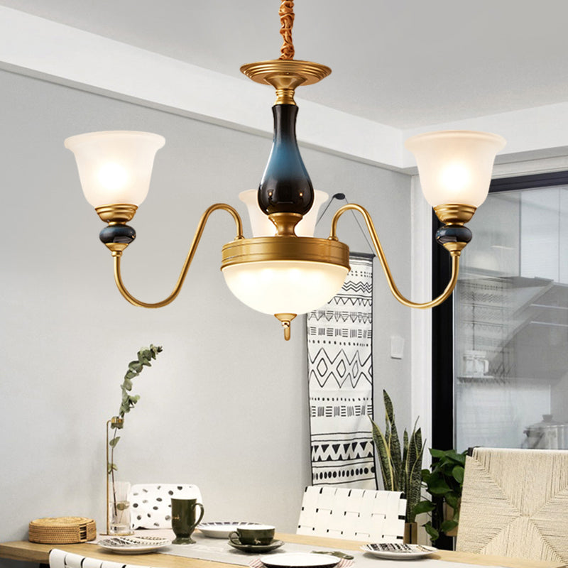 3/5/6 Lights Floral Shade Pendant Chandelier Countryside Style Brass Cream Glass Suspension Lamp Clearhalo 'Ceiling Lights' 'Chandeliers' Lighting' options 1220543
