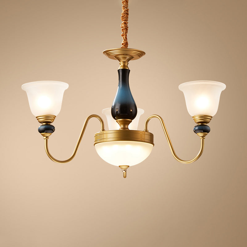 3/5/6 Lights Floral Shade Pendant Chandelier Countryside Style Brass Cream Glass Suspension Lamp Clearhalo 'Ceiling Lights' 'Chandeliers' Lighting' options 1220545