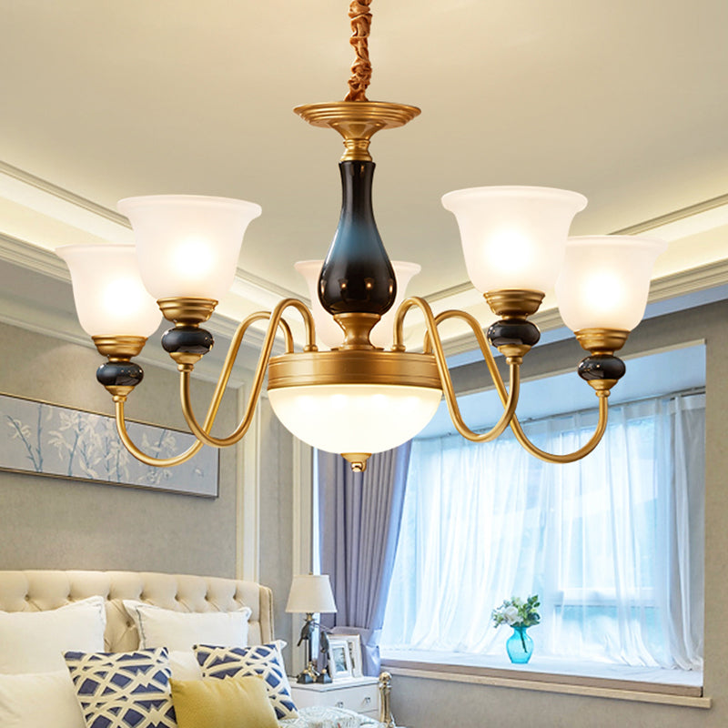 3/5/6 Lights Floral Shade Pendant Chandelier Countryside Style Brass Cream Glass Suspension Lamp 5 Brass Clearhalo 'Ceiling Lights' 'Chandeliers' Lighting' options 1220547_f0393892-0ee2-48d8-aaed-e0166daf7659