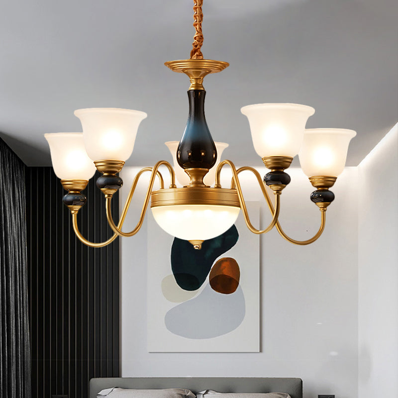 3/5/6 Lights Floral Shade Pendant Chandelier Countryside Style Brass Cream Glass Suspension Lamp Clearhalo 'Ceiling Lights' 'Chandeliers' Lighting' options 1220548