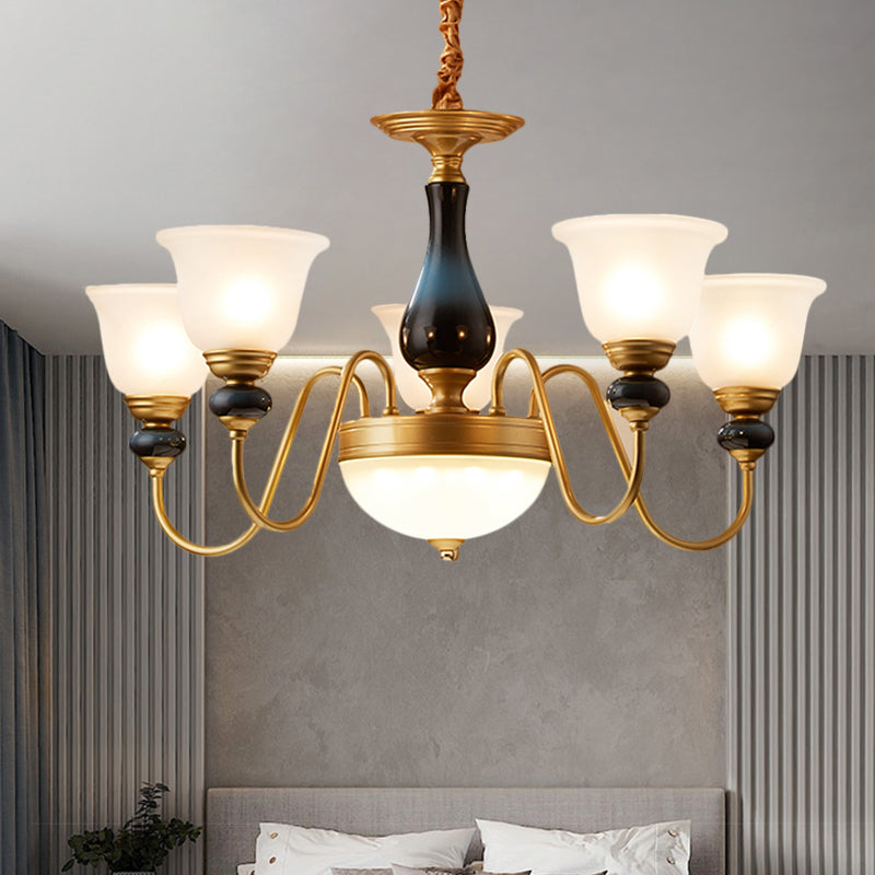 3/5/6 Lights Floral Shade Pendant Chandelier Countryside Style Brass Cream Glass Suspension Lamp Clearhalo 'Ceiling Lights' 'Chandeliers' Lighting' options 1220549