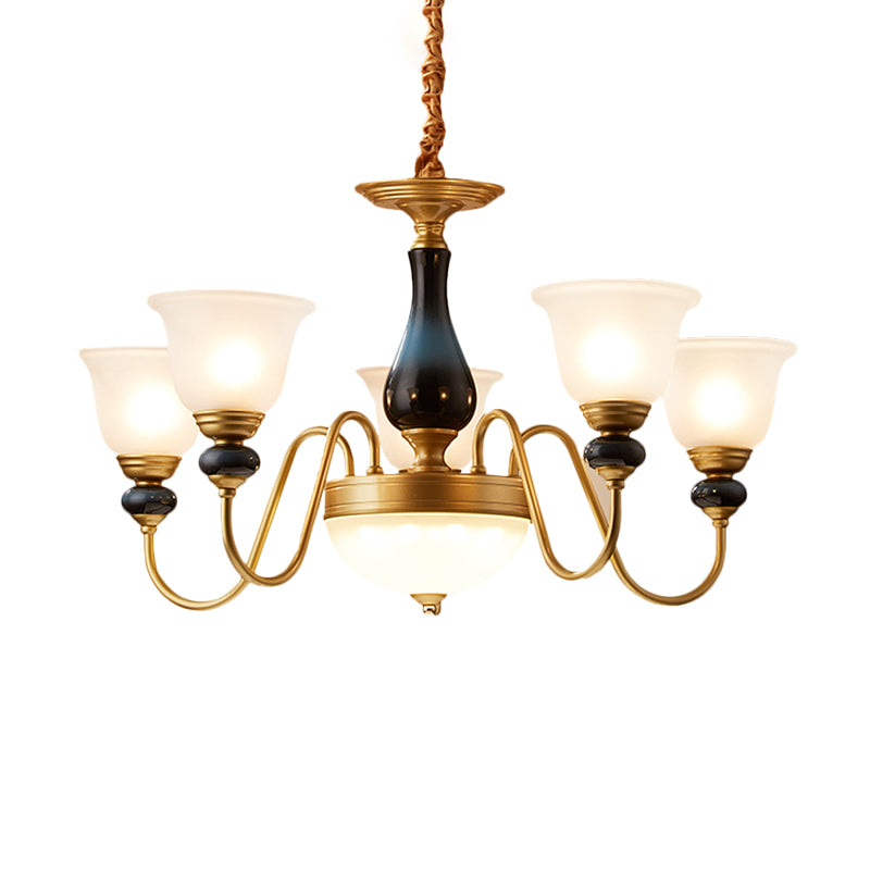 3/5/6 Lights Floral Shade Pendant Chandelier Countryside Style Brass Cream Glass Suspension Lamp Clearhalo 'Ceiling Lights' 'Chandeliers' Lighting' options 1220550