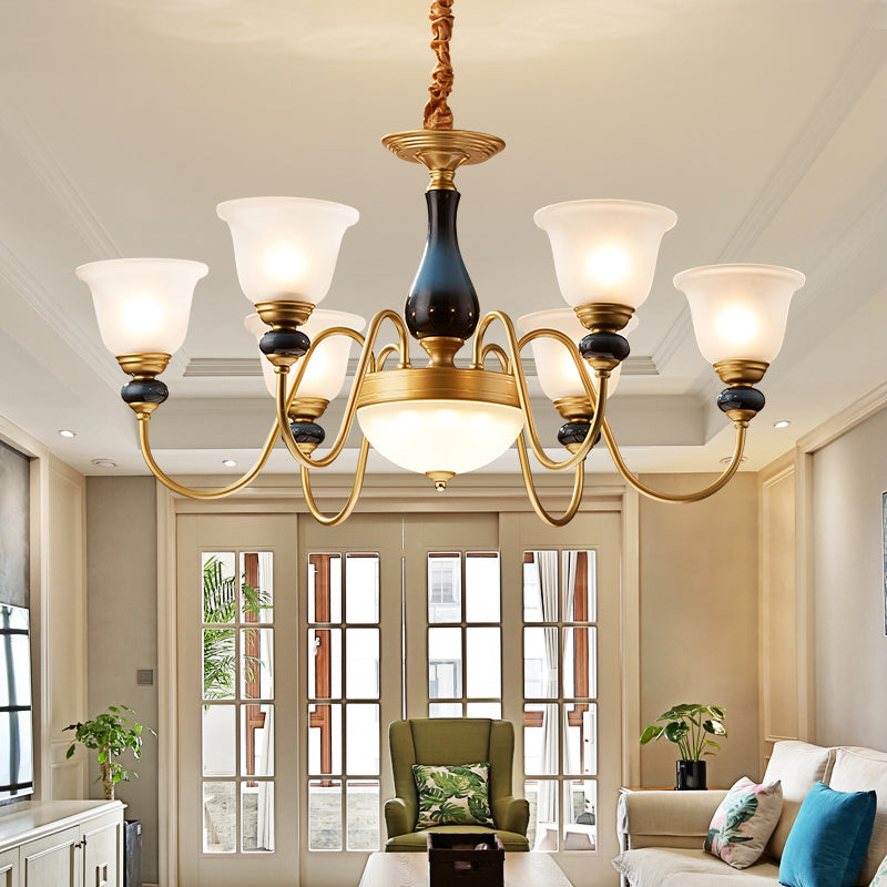 3/5/6 Lights Floral Shade Pendant Chandelier Countryside Style Brass Cream Glass Suspension Lamp Clearhalo 'Ceiling Lights' 'Chandeliers' Lighting' options 1220552