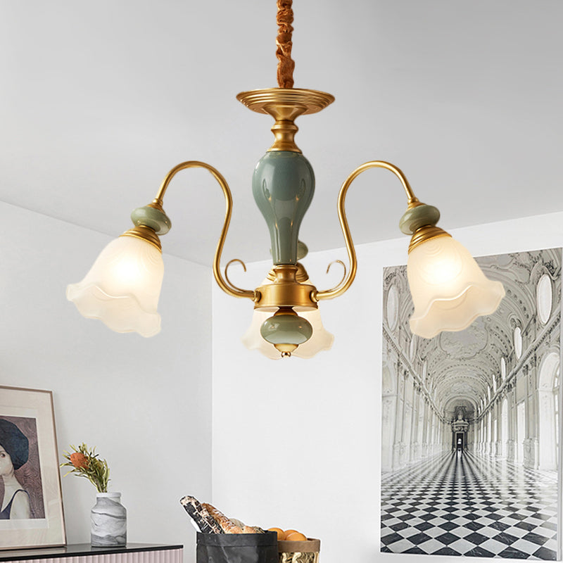 Green Flower Shaped Pendulum Light Rural Frosted Glass 3/5/6 Bulbs Guest Room Chandelier Lighting Fixture 3 Green Clearhalo 'Ceiling Lights' 'Chandeliers' Lighting' options 1220557_ac79fcac-e047-40f5-b4c8-739ff0b434e8