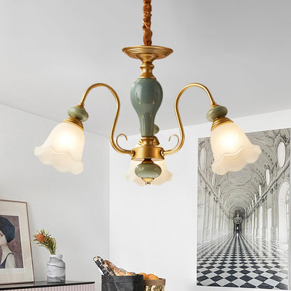 Green Flower Shaped Pendulum Light Rural Frosted Glass 3/5/6 Bulbs Guest Room Chandelier Lighting Fixture 3 Green Clearhalo 'Ceiling Lights' 'Chandeliers' Lighting' options 1220557_ac79fcac-e047-40f5-b4c8-739ff0b434e8