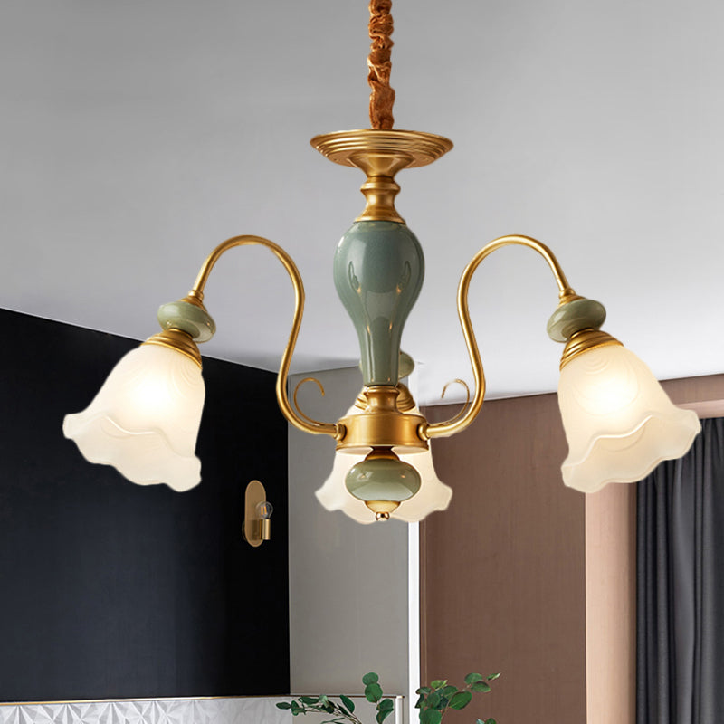 Green Flower Shaped Pendulum Light Rural Frosted Glass 3/5/6 Bulbs Guest Room Chandelier Lighting Fixture Clearhalo 'Ceiling Lights' 'Chandeliers' Lighting' options 1220558