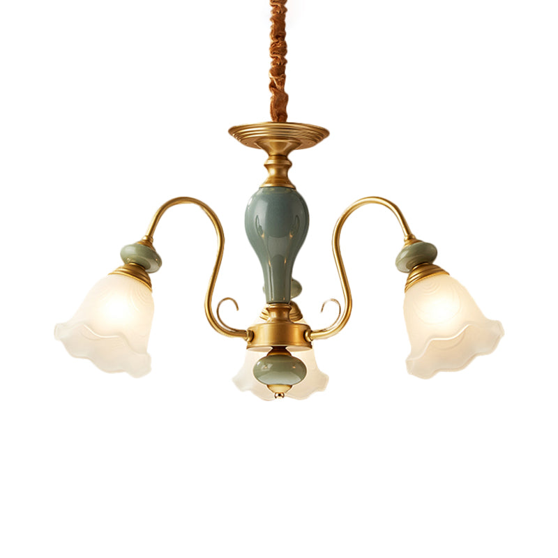 Green Flower Shaped Pendulum Light Rural Frosted Glass 3/5/6 Bulbs Guest Room Chandelier Lighting Fixture Clearhalo 'Ceiling Lights' 'Chandeliers' Lighting' options 1220559