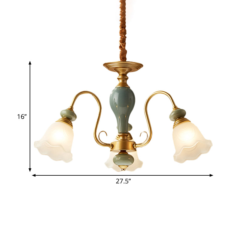 Green Flower Shaped Pendulum Light Rural Frosted Glass 3/5/6 Bulbs Guest Room Chandelier Lighting Fixture Clearhalo 'Ceiling Lights' 'Chandeliers' Lighting' options 1220560