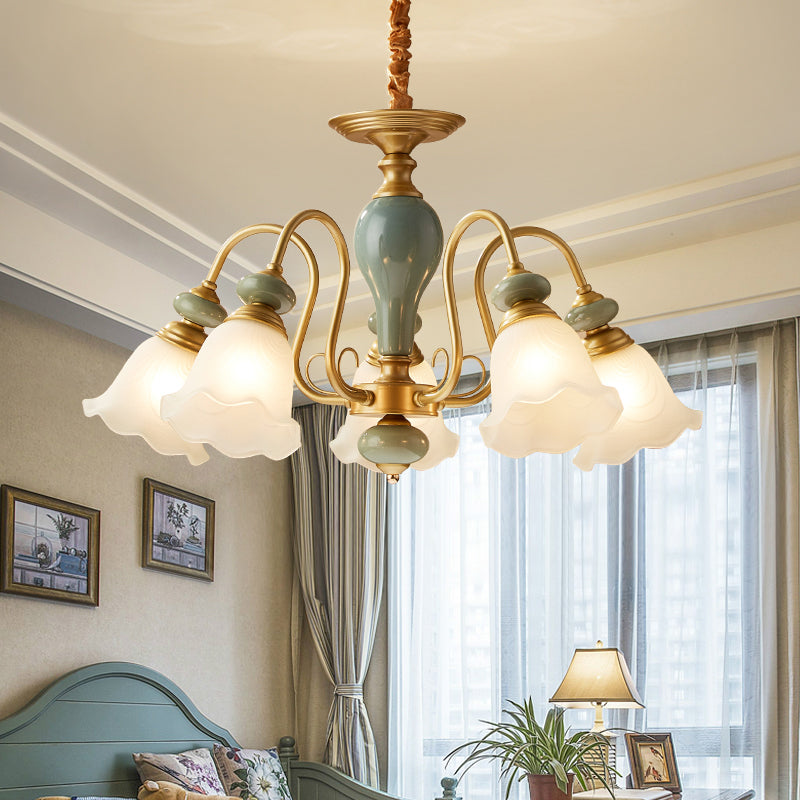 Green Flower Shaped Pendulum Light Rural Frosted Glass 3/5/6 Bulbs Guest Room Chandelier Lighting Fixture 5 Green Clearhalo 'Ceiling Lights' 'Chandeliers' Lighting' options 1220561_d6ceac5c-54d4-4616-89af-16186b734ce3