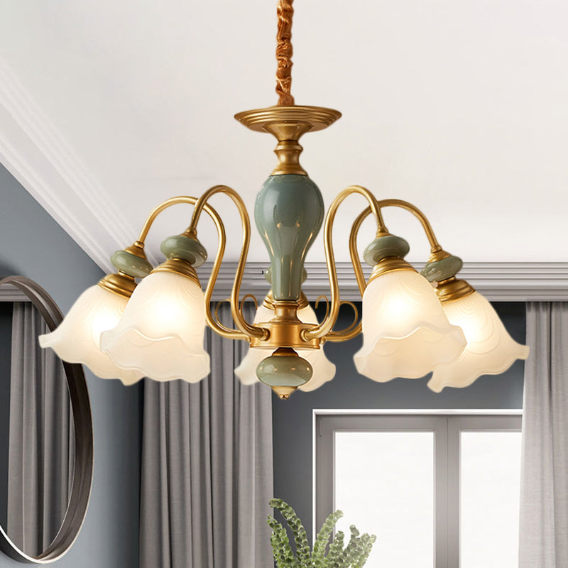 Green Flower Shaped Pendulum Light Rural Frosted Glass 3/5/6 Bulbs Guest Room Chandelier Lighting Fixture Clearhalo 'Ceiling Lights' 'Chandeliers' Lighting' options 1220562
