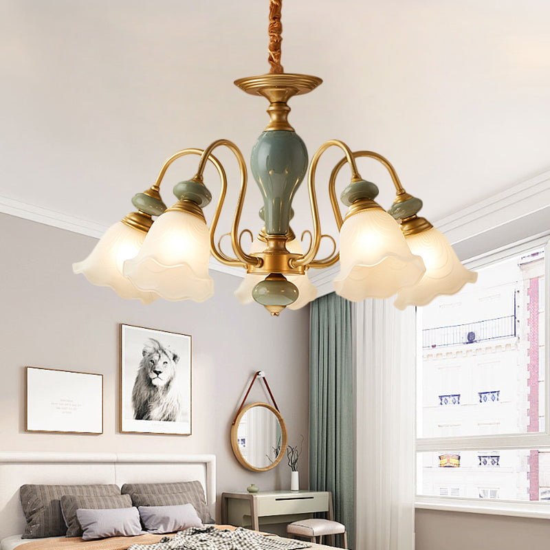Green Flower Shaped Pendulum Light Rural Frosted Glass 3/5/6 Bulbs Guest Room Chandelier Lighting Fixture Clearhalo 'Ceiling Lights' 'Chandeliers' Lighting' options 1220563