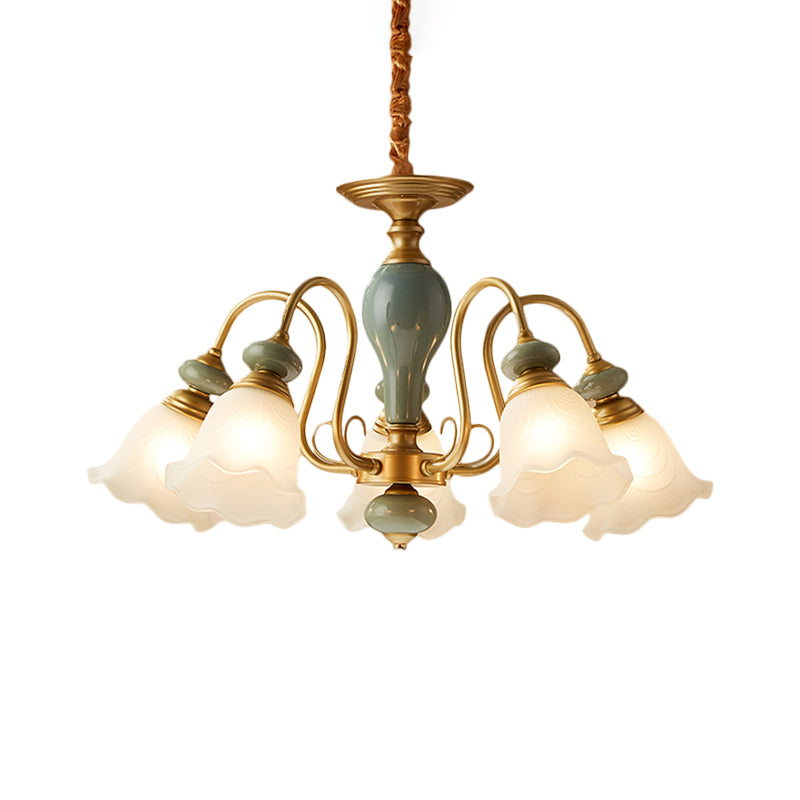 Green Flower Shaped Pendulum Light Rural Frosted Glass 3/5/6 Bulbs Guest Room Chandelier Lighting Fixture Clearhalo 'Ceiling Lights' 'Chandeliers' Lighting' options 1220564