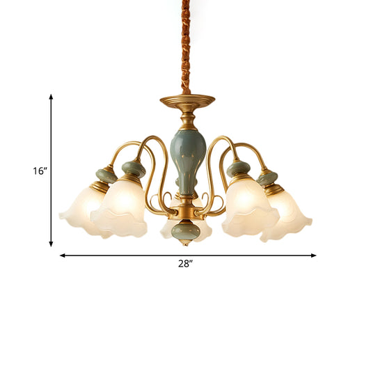 Green Flower Shaped Pendulum Light Rural Frosted Glass 3/5/6 Bulbs Guest Room Chandelier Lighting Fixture Clearhalo 'Ceiling Lights' 'Chandeliers' Lighting' options 1220565
