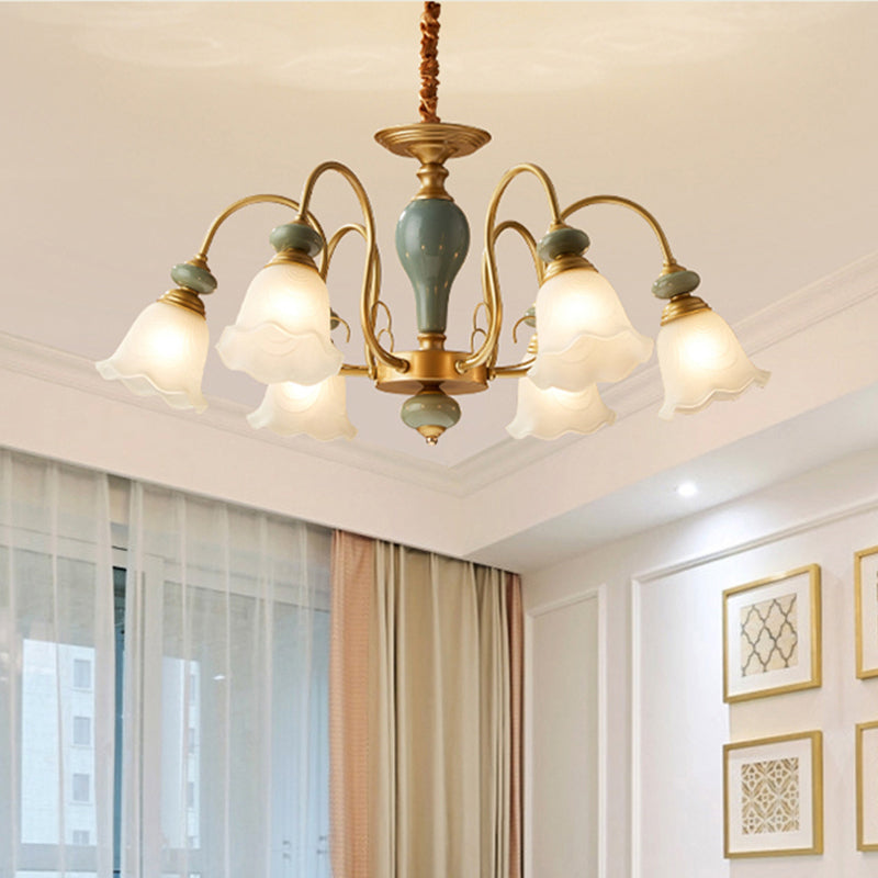 Green Flower Shaped Pendulum Light Rural Frosted Glass 3/5/6 Bulbs Guest Room Chandelier Lighting Fixture 6 Green Clearhalo 'Ceiling Lights' 'Chandeliers' Lighting' options 1220566_3ef8f1d0-acce-46cb-9724-038b6da0a76e
