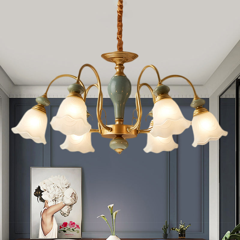 Green Flower Shaped Pendulum Light Rural Frosted Glass 3/5/6 Bulbs Guest Room Chandelier Lighting Fixture Clearhalo 'Ceiling Lights' 'Chandeliers' Lighting' options 1220567