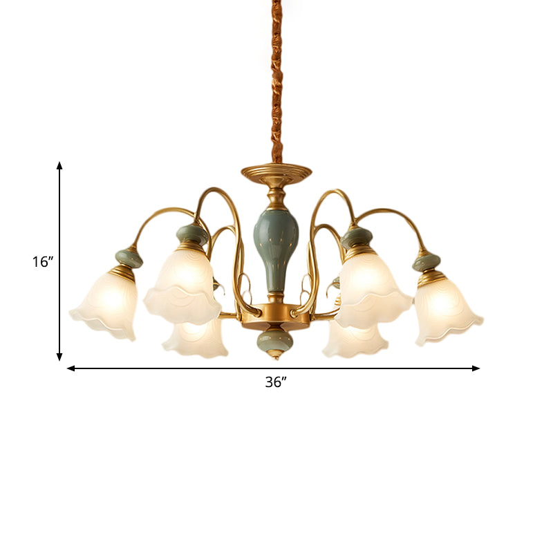 Green Flower Shaped Pendulum Light Rural Frosted Glass 3/5/6 Bulbs Guest Room Chandelier Lighting Fixture Clearhalo 'Ceiling Lights' 'Chandeliers' Lighting' options 1220570