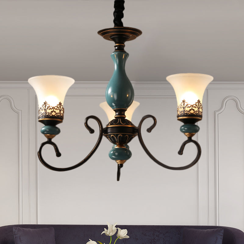 Rustic Style Bell Shade Hanging Pendant Light Milky Glass 3/5/6-Head Chandelier Lighting in Blue Clearhalo 'Ceiling Lights' 'Chandeliers' Lighting' options 1220571