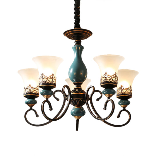 Rustic Style Bell Shade Hanging Pendant Light Milky Glass 3/5/6-Head Chandelier Lighting in Blue Clearhalo 'Ceiling Lights' 'Chandeliers' Lighting' options 1220578
