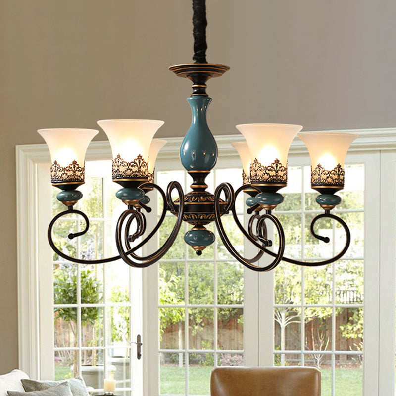 Rustic Style Bell Shade Hanging Pendant Light Milky Glass 3/5/6-Head Chandelier Lighting in Blue Clearhalo 'Ceiling Lights' 'Chandeliers' Lighting' options 1220580