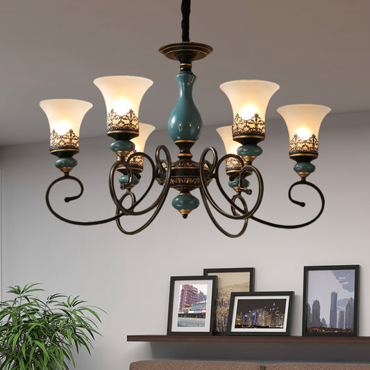Rustic Style Bell Shade Hanging Pendant Light Milky Glass 3/5/6-Head Chandelier Lighting in Blue Clearhalo 'Ceiling Lights' 'Chandeliers' Lighting' options 1220582