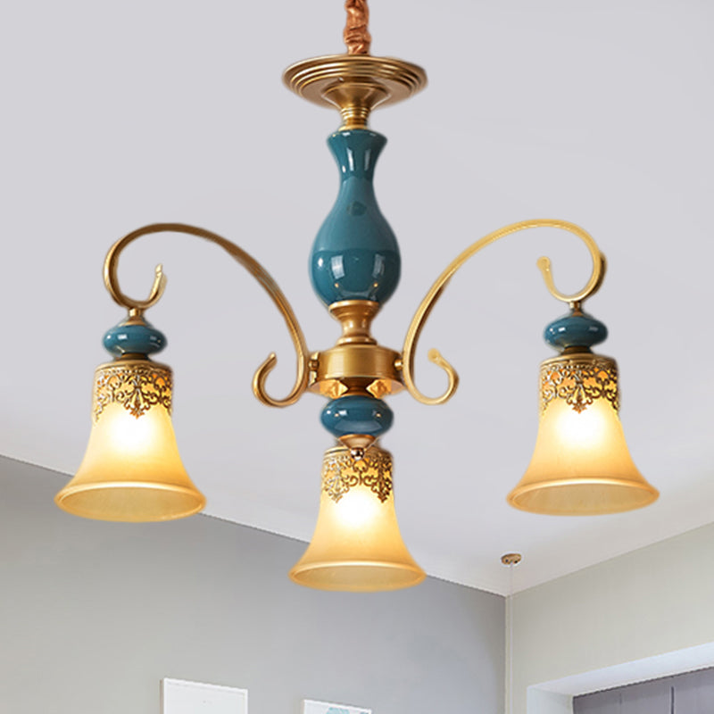 3/5/6-Bulb Suspension Pendant Light Countryside Swooping Arm Metal Chandelier in Brass with Bell Milk Glass Shade 3 Brass Clearhalo 'Ceiling Lights' 'Chandeliers' Lighting' options 1220585_e0b7bdf3-1bbc-48fb-99fb-d53cbdfa4f68